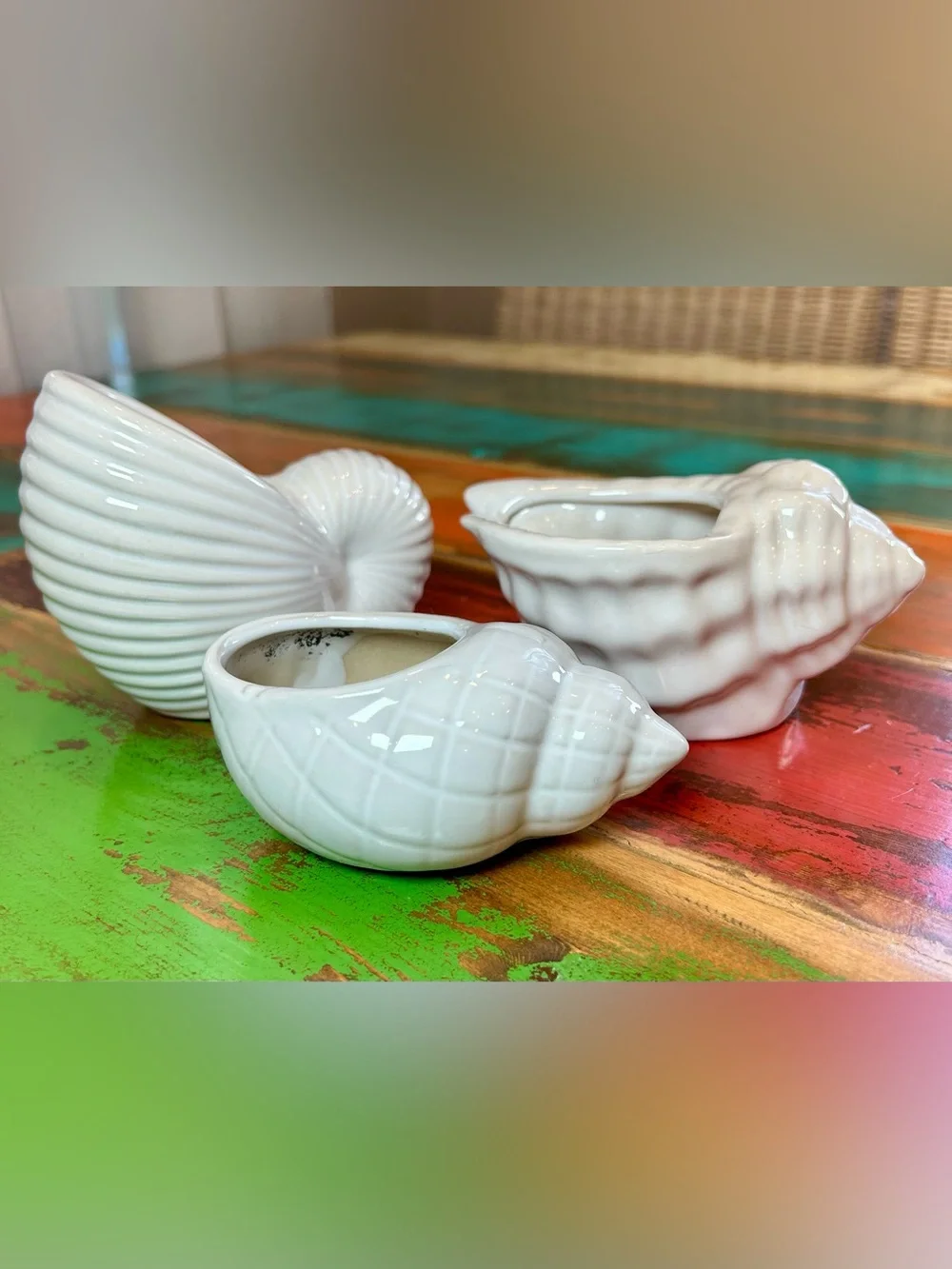 Vintage Pier 1 White Ceramic Seashell Planter Trio Set of 3 Conch Nautilus